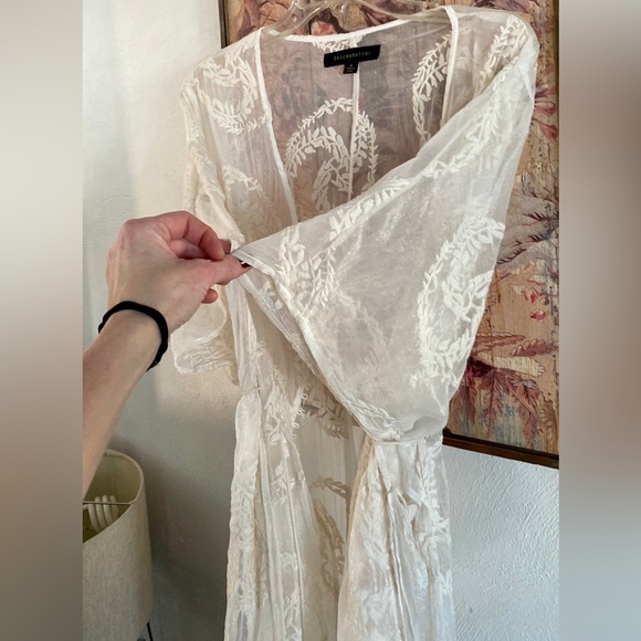 Vintage Dresses & Skirts - BOHO IVORY EMBROIDERED LONG KIMONO DRESS SHEER ADJUSTABLE KAFTAN S M L